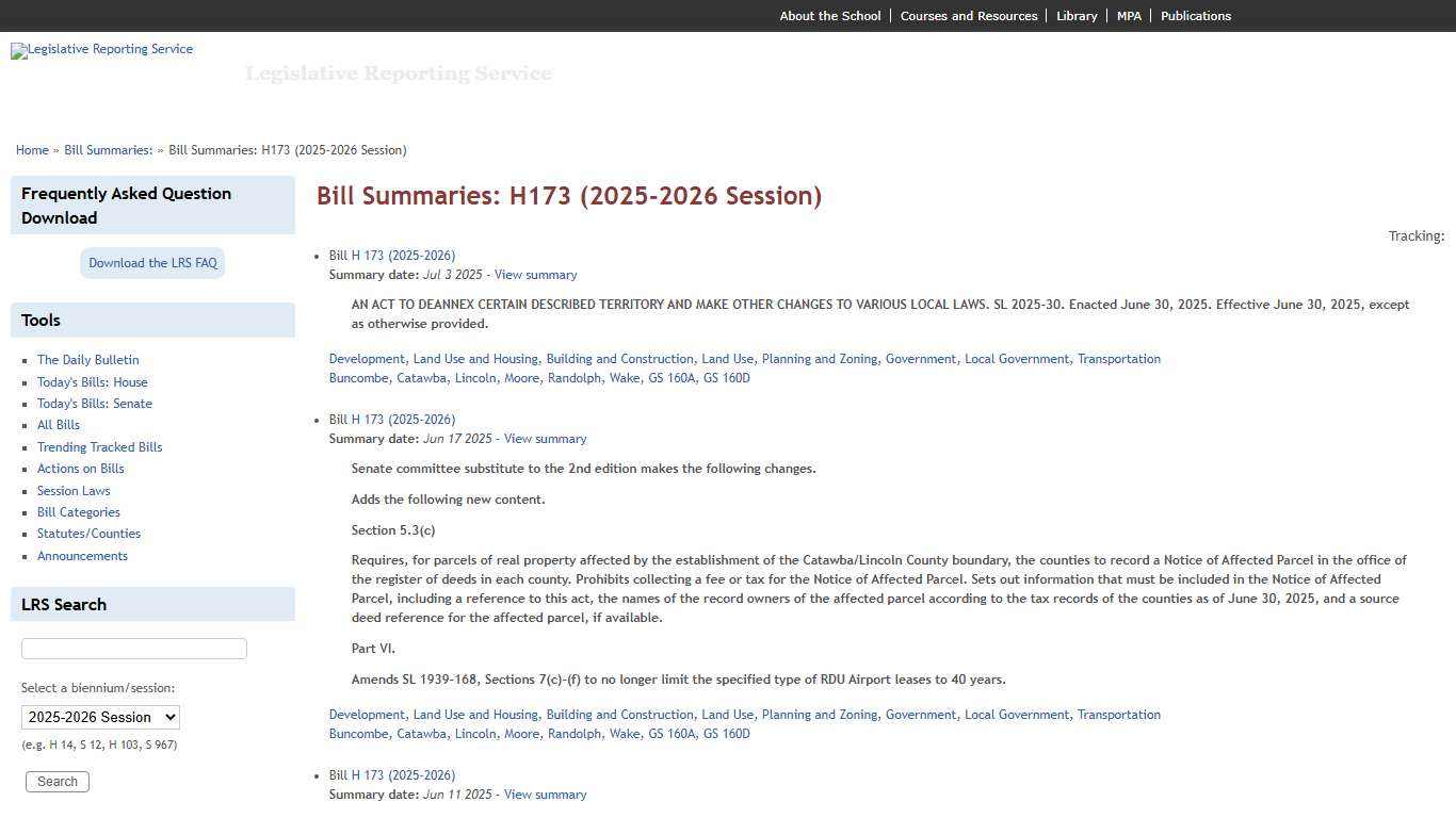 Bill Summaries: H173 (2025-2026 Session) Legislative Reporting Service